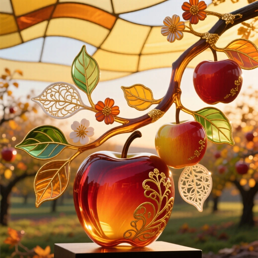 A quiet autumn orchard heavy with ripe apples under a golden afternoon sky, warm and abundant.
