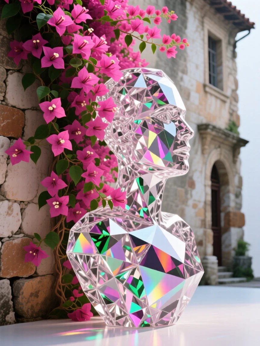 A wall of climbing bougainvillea in vibrant magenta covering an old stone building.
