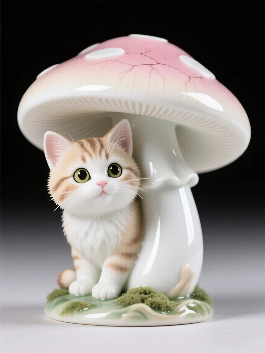 A tiny kitten peeking out from beneath a mushroom cap, utterly charming and full of innocent wonder.