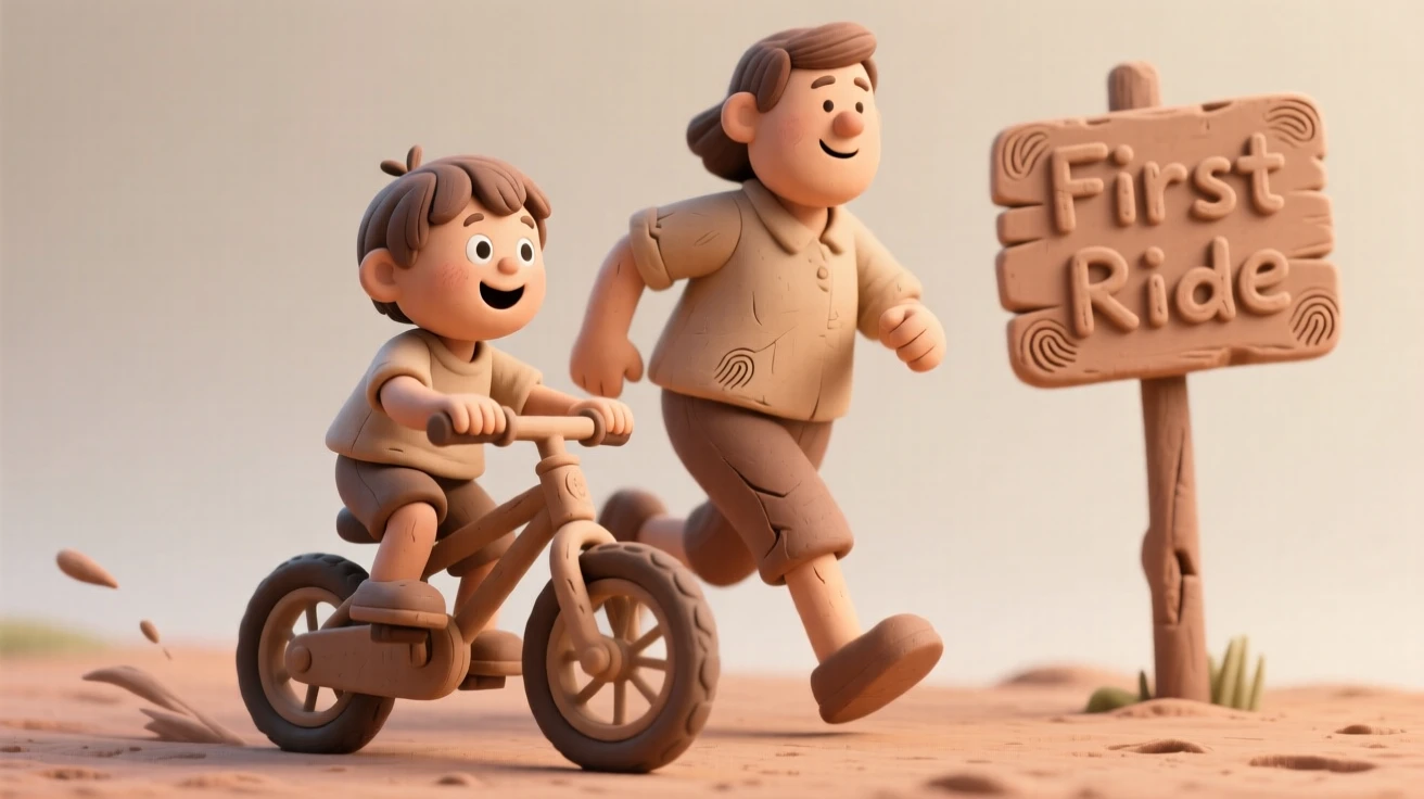 A child riding a bicycle for the first time, parent running alongside