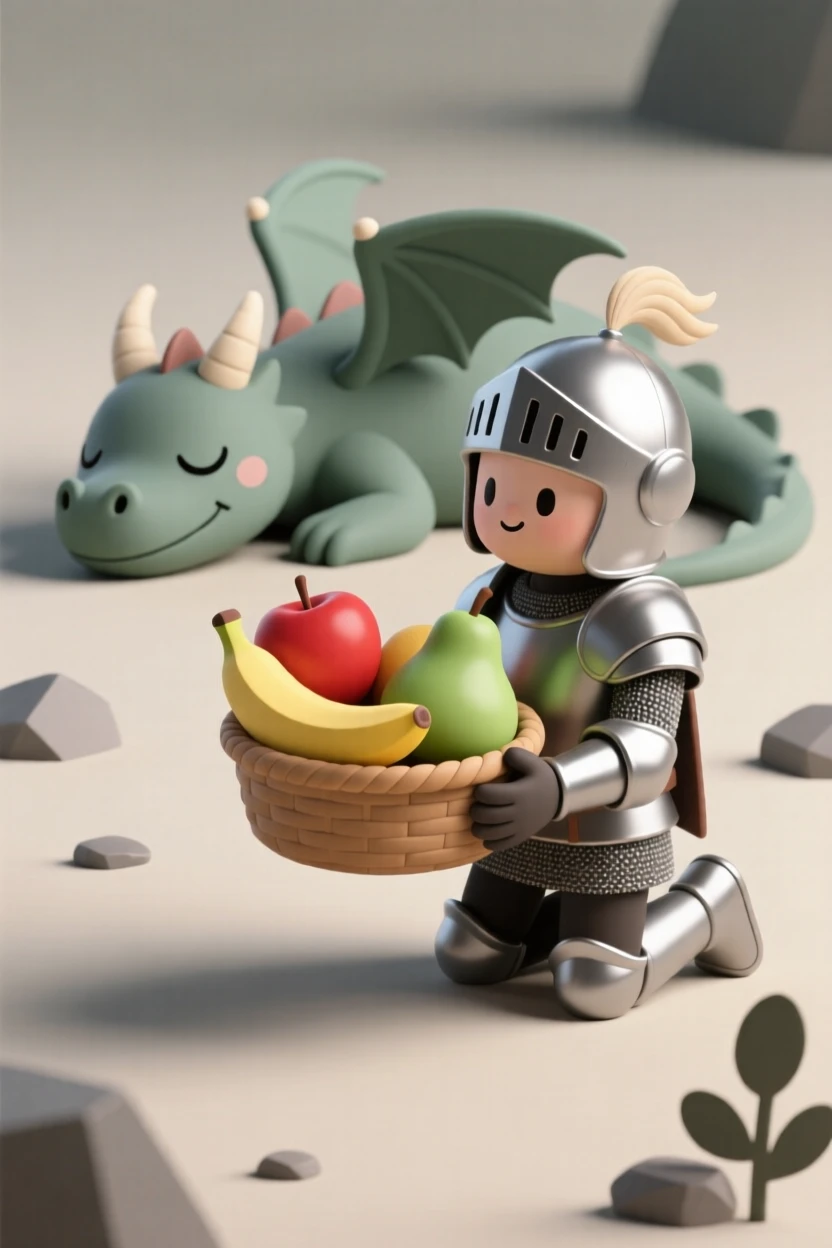 A brave knight in shimmering armor kneels before a sleeping dragon, offering a basket of fruit instead of a sword.