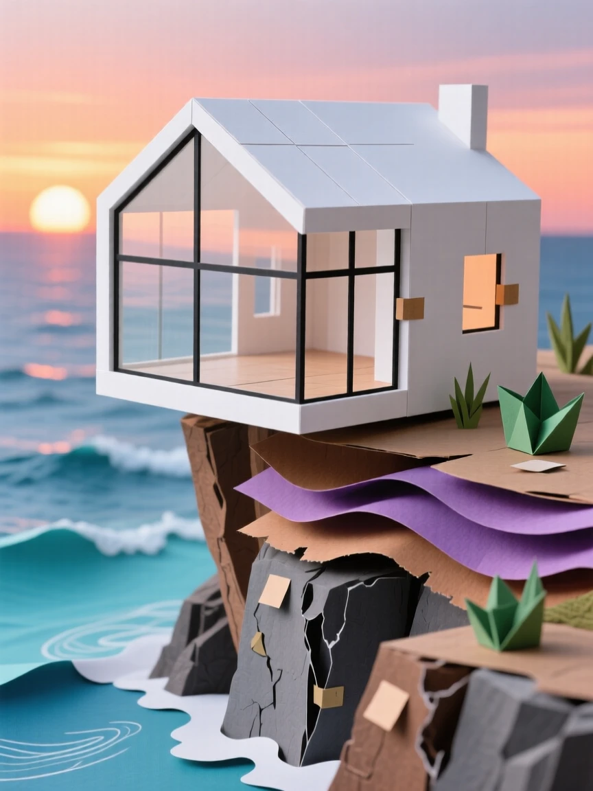 A minimalist modern glass house perched on a cliffside overlooking the ocean at sunset, clean lines contrasting with the rugged natural landscape, evoking serene luxury.