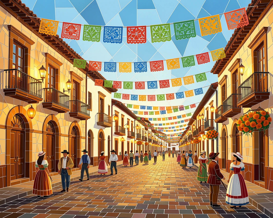 A breathtaking wide-angle view of the vibrant streets of a colonial town in Mexico decorated for a festival, with rich warm lighting and fine architectural detail.