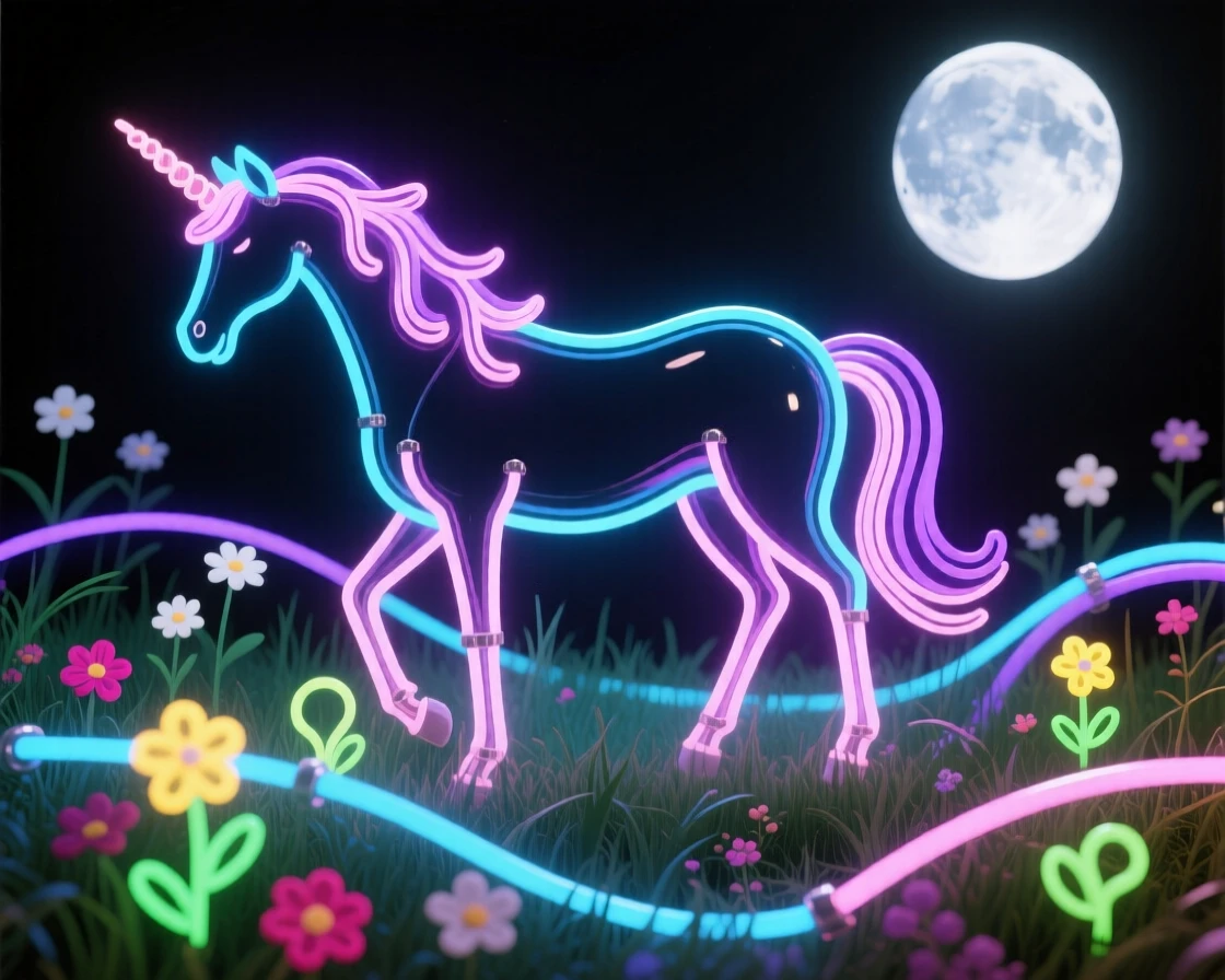 A unicorn grazing in a moonlit meadow surrounded by wildflowers.