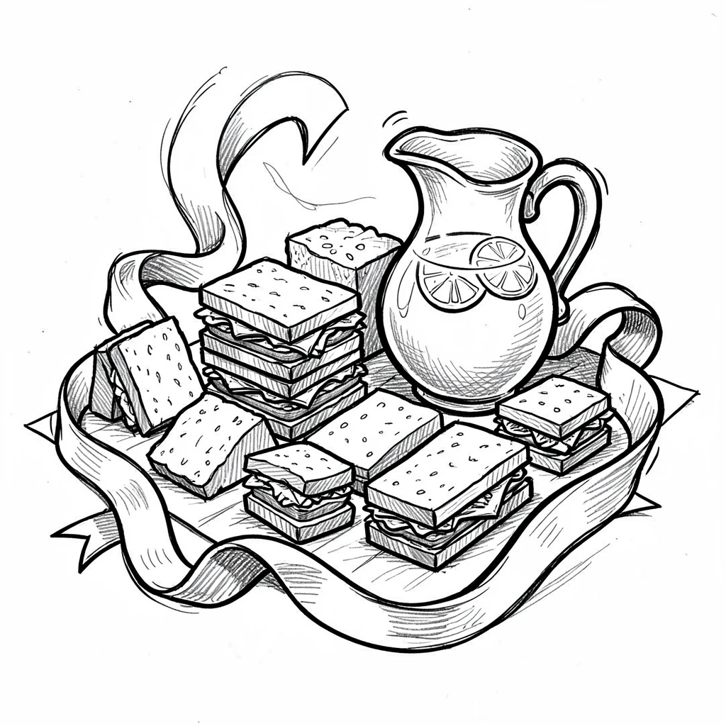 A picnic spread of sandwiches and lemonade wrapped with a festive ribbon.