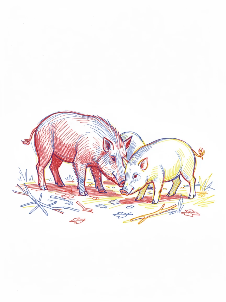 A wild boar family foraging through a quiet forest floor