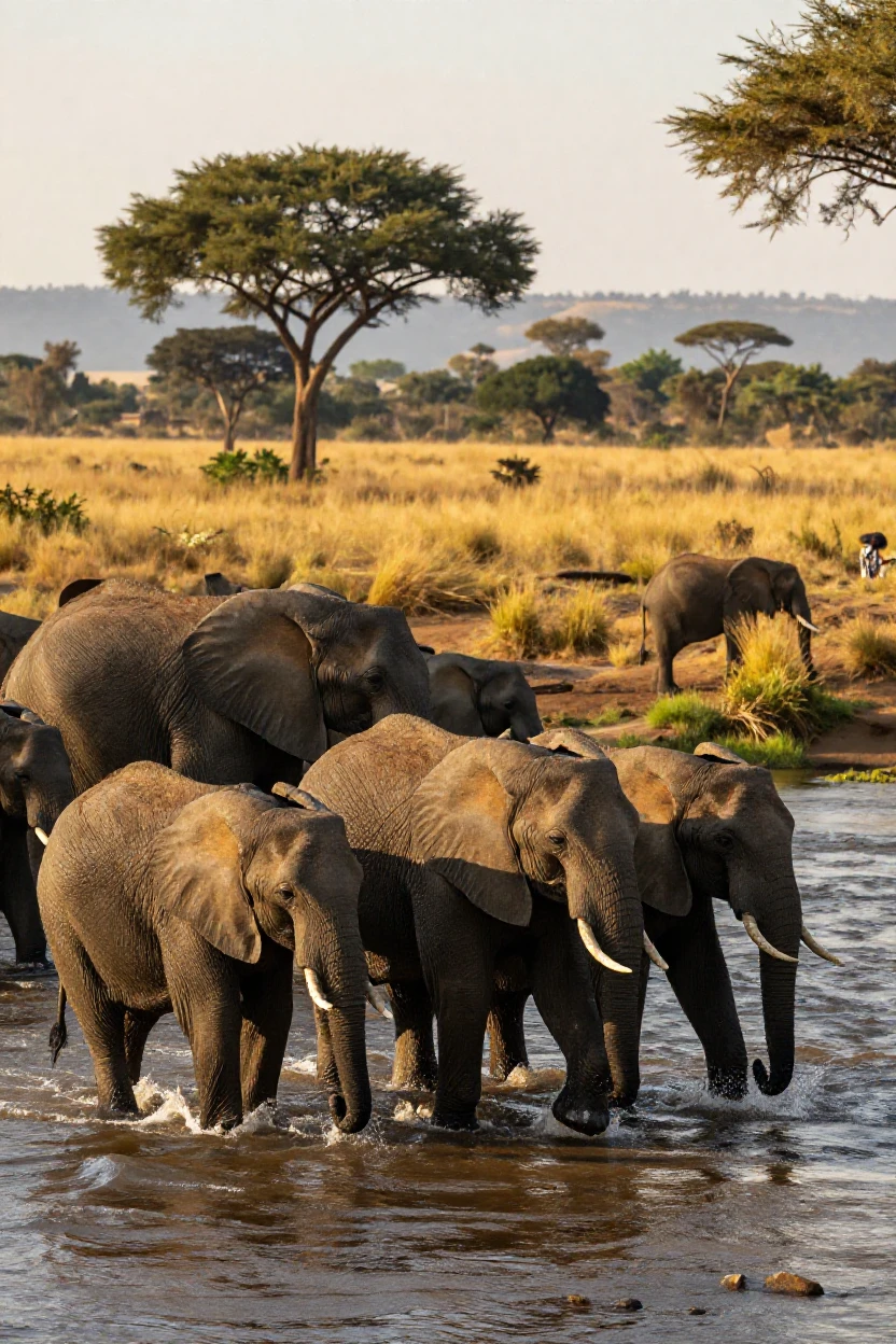 A herd of elephants crossing a savanna river