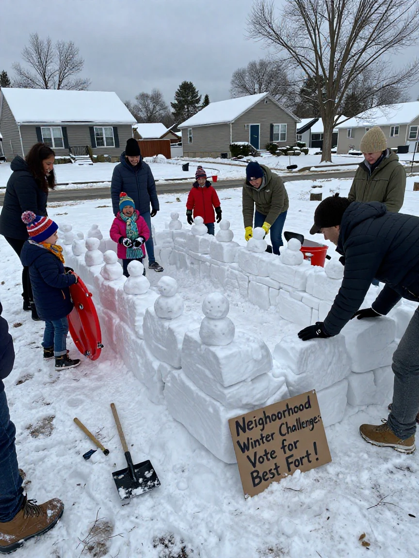 A group builds an elaborate snow fort for a neighborhood winter competition.