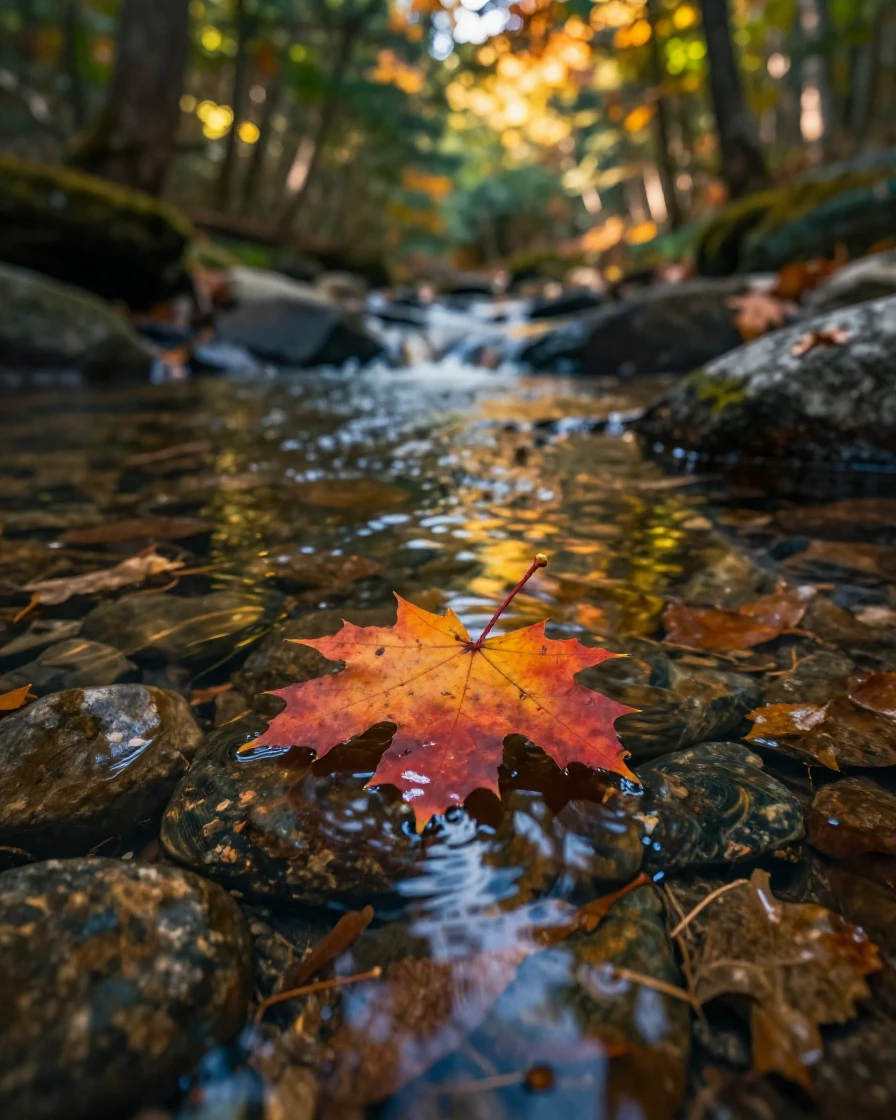 A single maple leaf floating gently down a clear forest stream