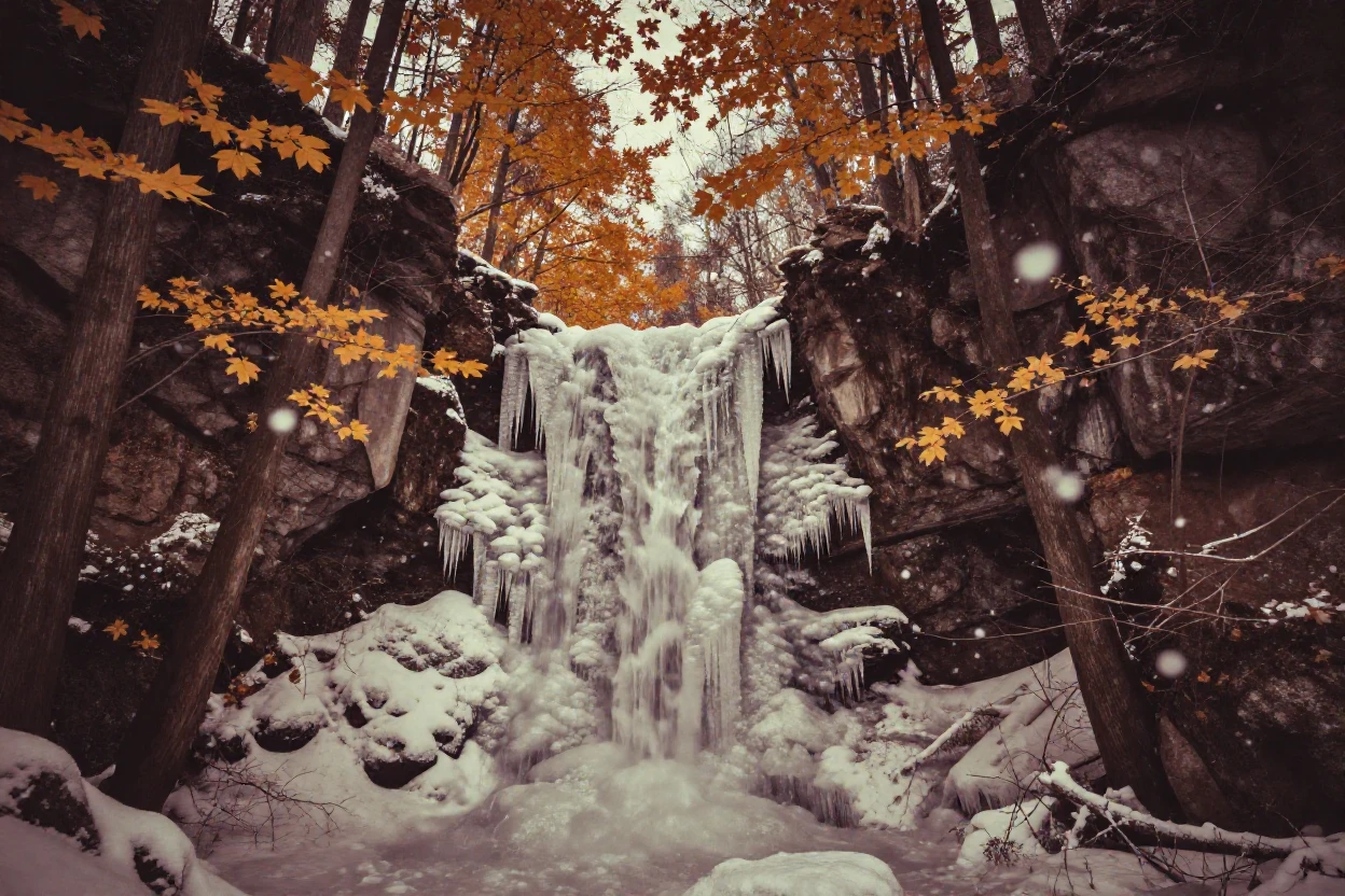 A frozen waterfall glistening with hanging icicles, in dappled light filtering through leaves, amid gently falling snow, in the depths of winter, dominated by warm amber and rust tones, framed symmetrically down a long corridor.
