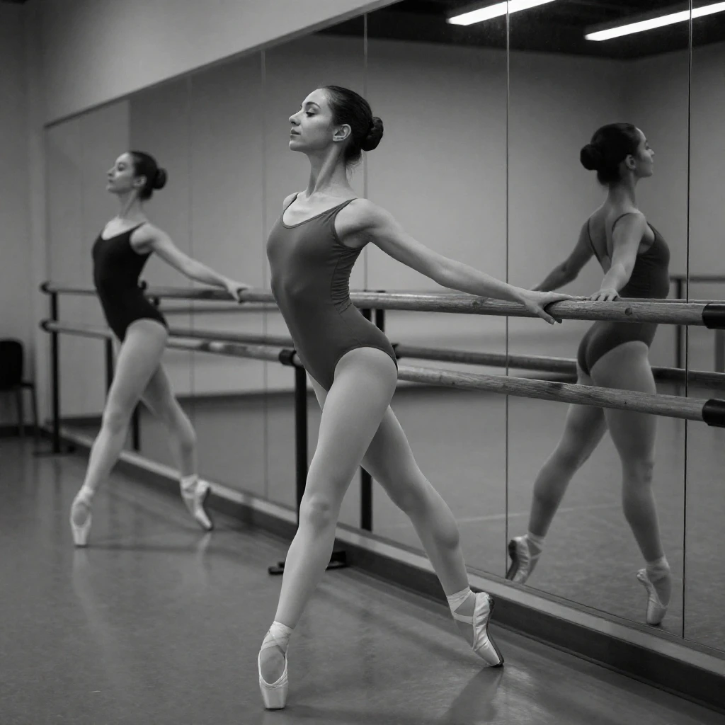 A ballerina stretches gracefully at the barre before a wall of mirrors.