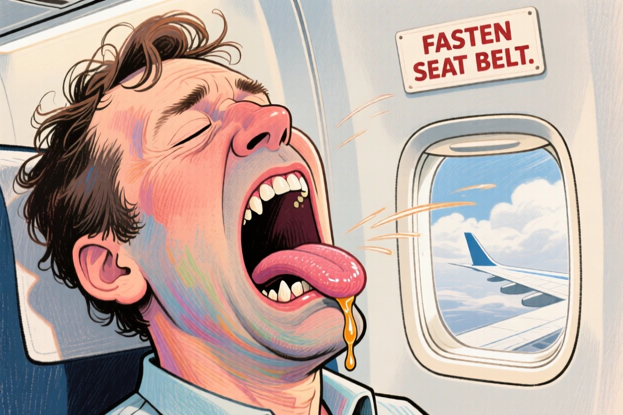 A man caught mid-snore on an airplane, mouth wide open, drool on his chin.