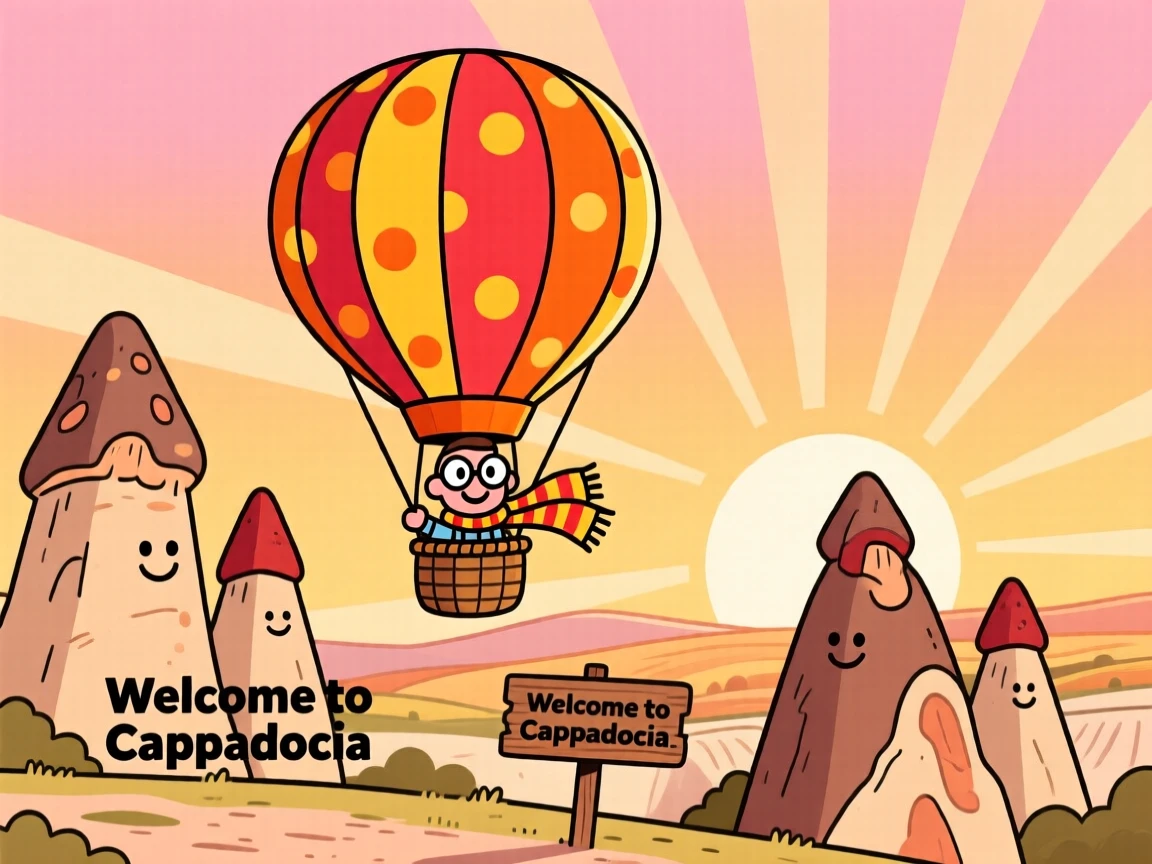 An iconic travel scene featuring a hot air balloon drifting peacefully over the fairy chimneys of Cappadocia at sunrise.