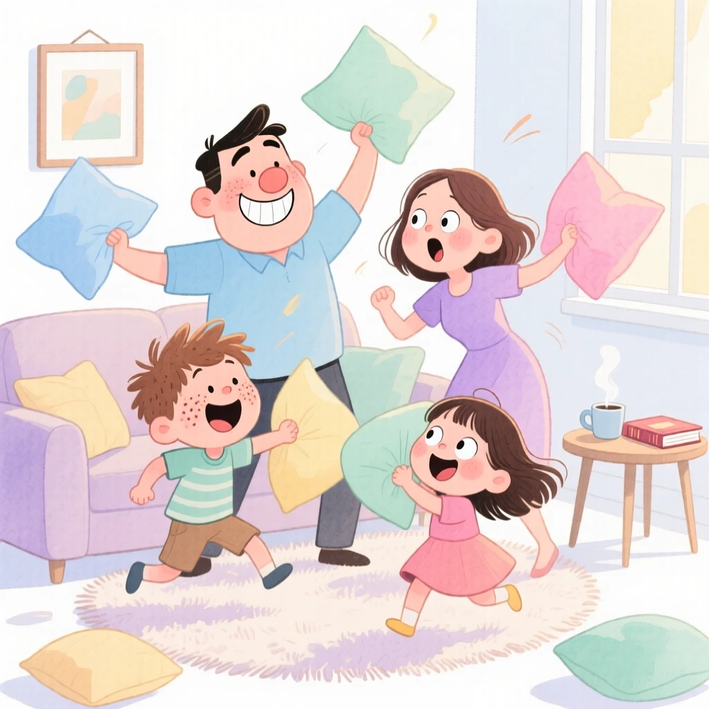 A family of four having a pillow fight in a cozy living room