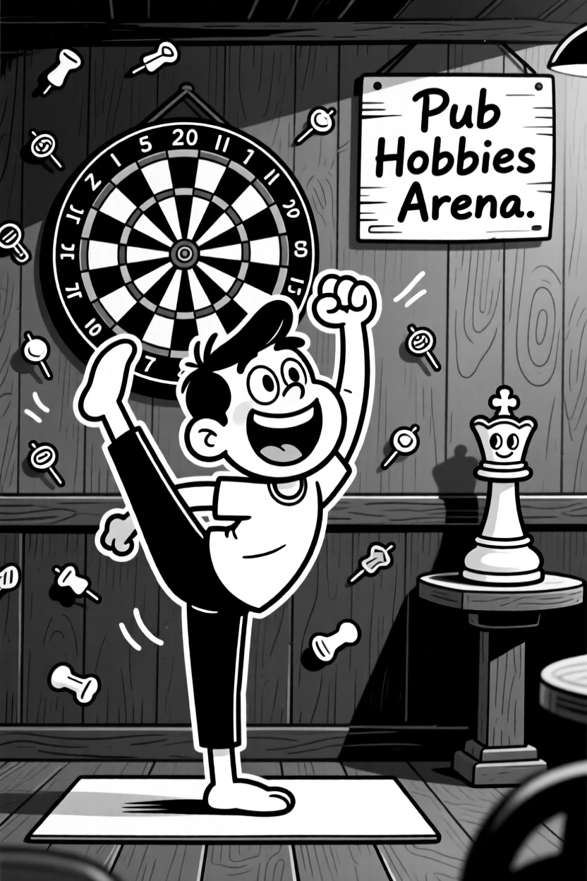 A yoga enthusiast wobbling in an impossible pose, fist-pumping as the pins scatter behind, set at a dimly lit pub dartboard. A captured chess piece sits triumphantly to the side. The image is a playful ode to hobbies people truly love.