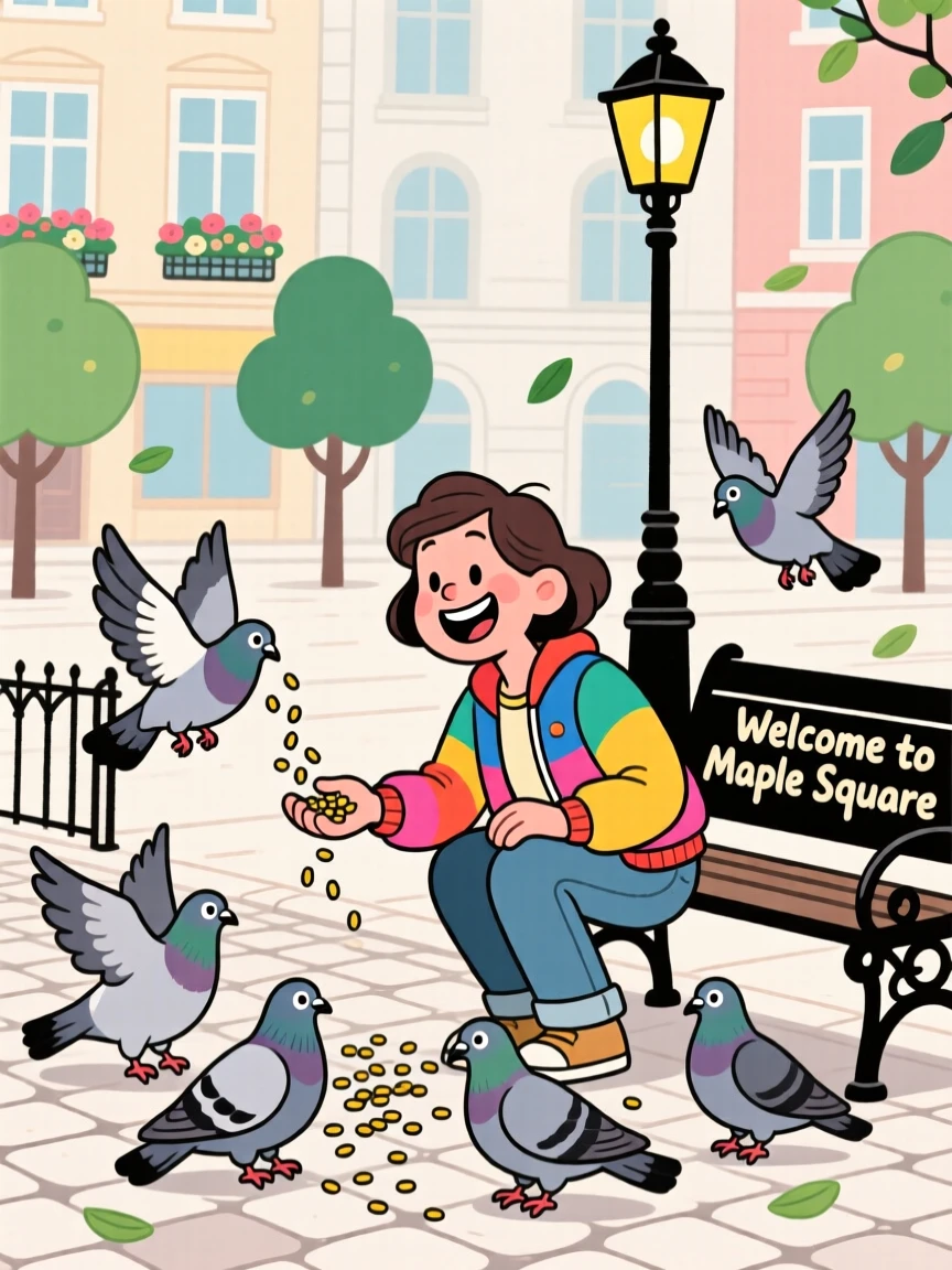 A person feeding pigeons in a quiet city square.