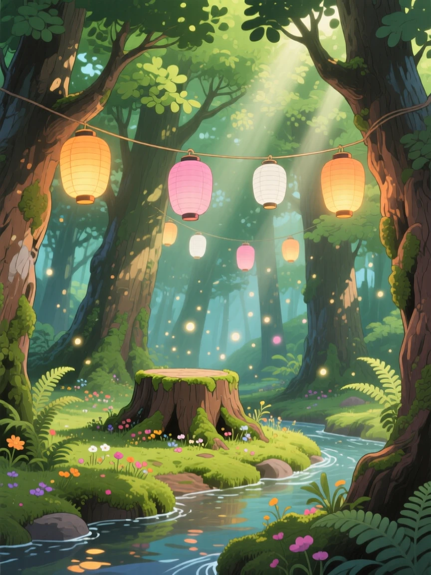 A grove of trees strung with delicate paper lanterns, shafts of light breaking through the leaves overhead, creating a scene of quiet natural magic.