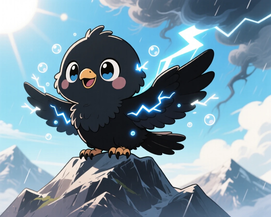 In a stormy mountain peak, a baby thunderbird is sparking tiny harmless lightning between its feathers under a clear summer sky, bathed in bright midday sun, expression full of bubbly enthusiasm. Shot as a silhouette composition.