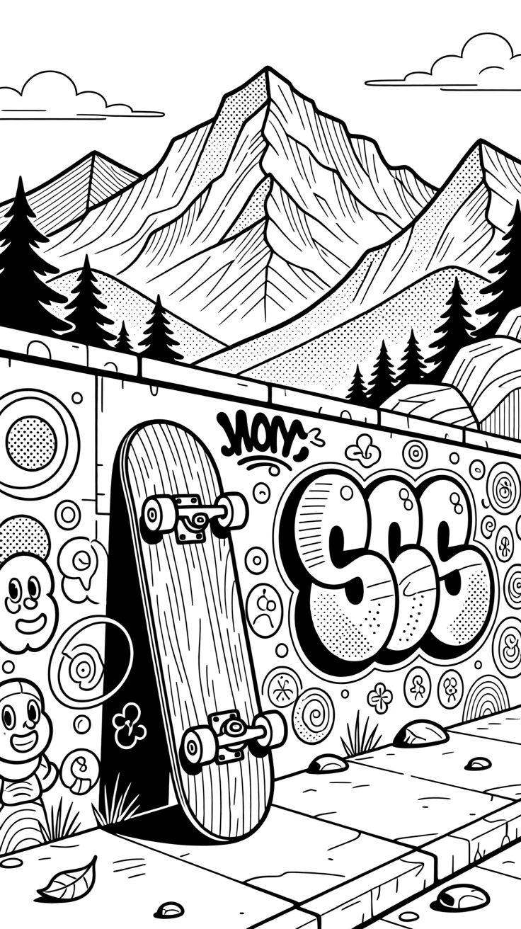 A skateboard resting against a graffiti-covered wall, with mountains rising dramatically in the background.