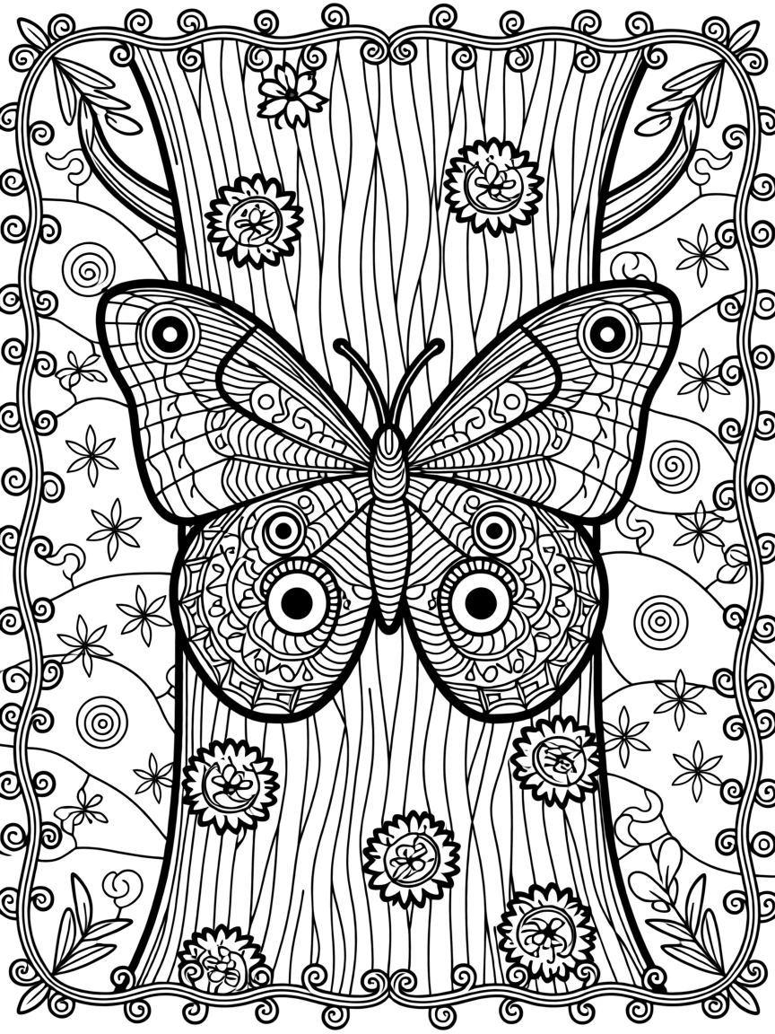 An owl butterfly resting with wings spread on tree bark.