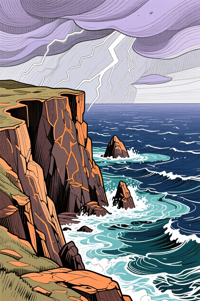 A coastal cliff overlooking a stormy sea.