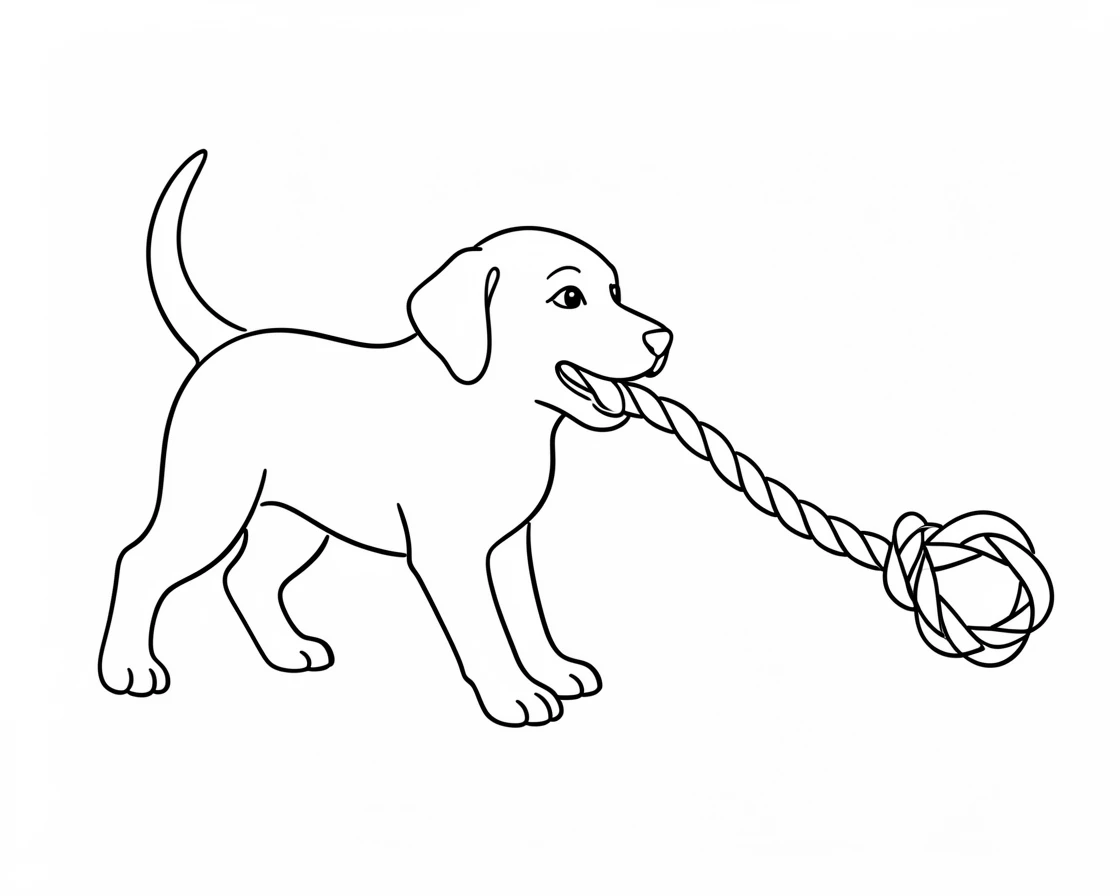 A puppy tugging playfully on the end of a knotted rope toy