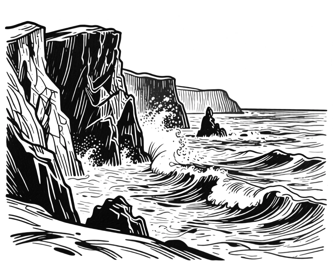 A dramatic coastline with waves crashing against tall sea cliffs.