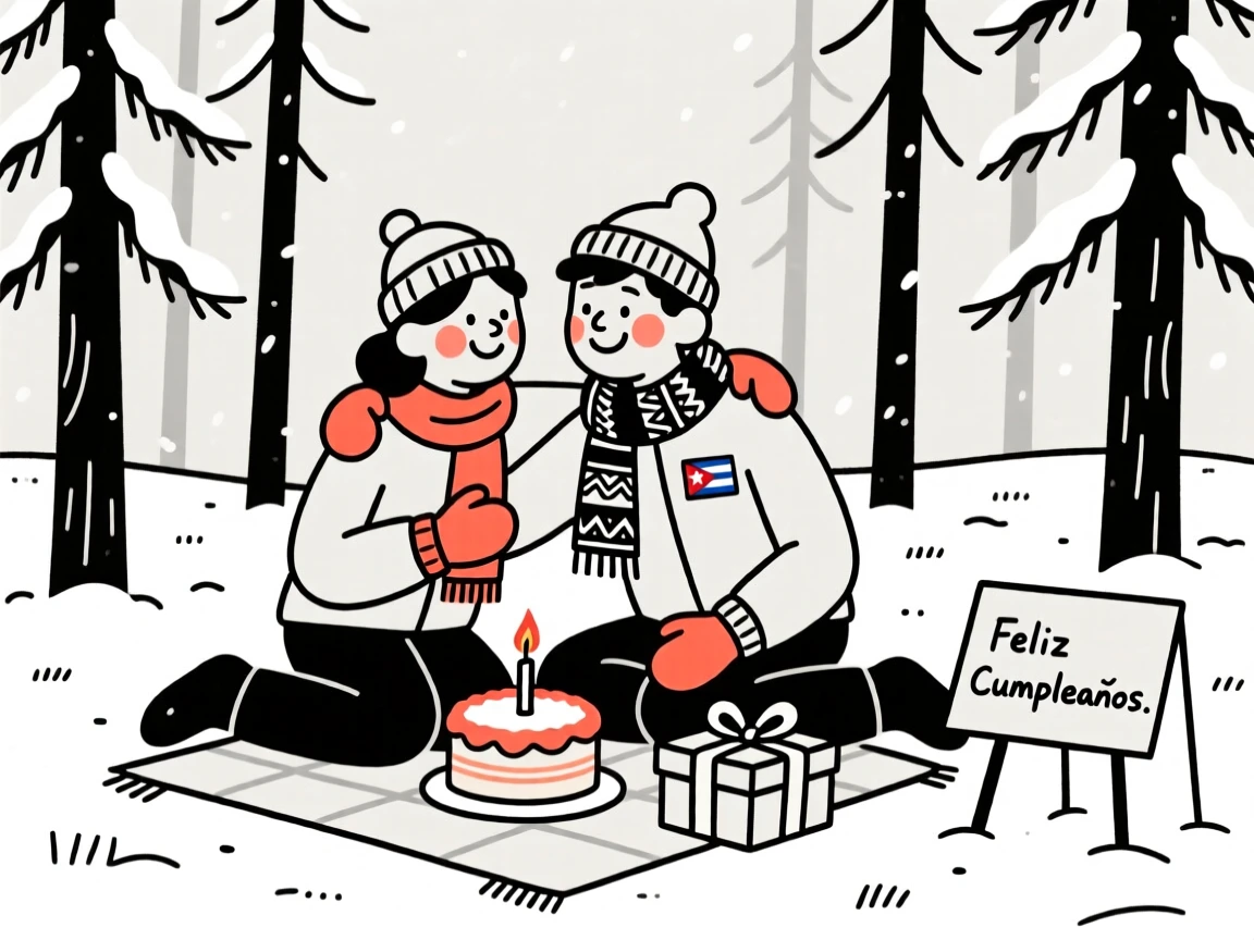 Close friends of Cuban heritage celebrating a milestone birthday, in a snow-covered pine forest.