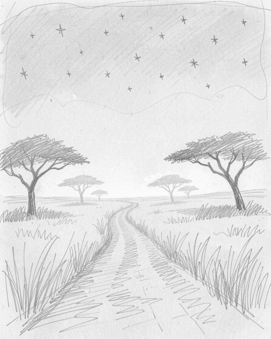 Sweeping landscape of a starlit savanna shrouded in gentle fog, with a narrow path leading into the distance.