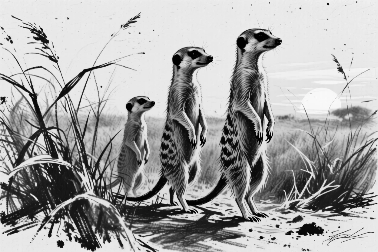 A meerkat family standing alert walking through tall savanna grass at sunrise.