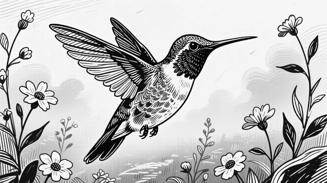 A hummingbird in flight in a garden at first light, against a backdrop of drifting mist, capturing a playful and lighthearted moment in nature with a strong, centered focal point.