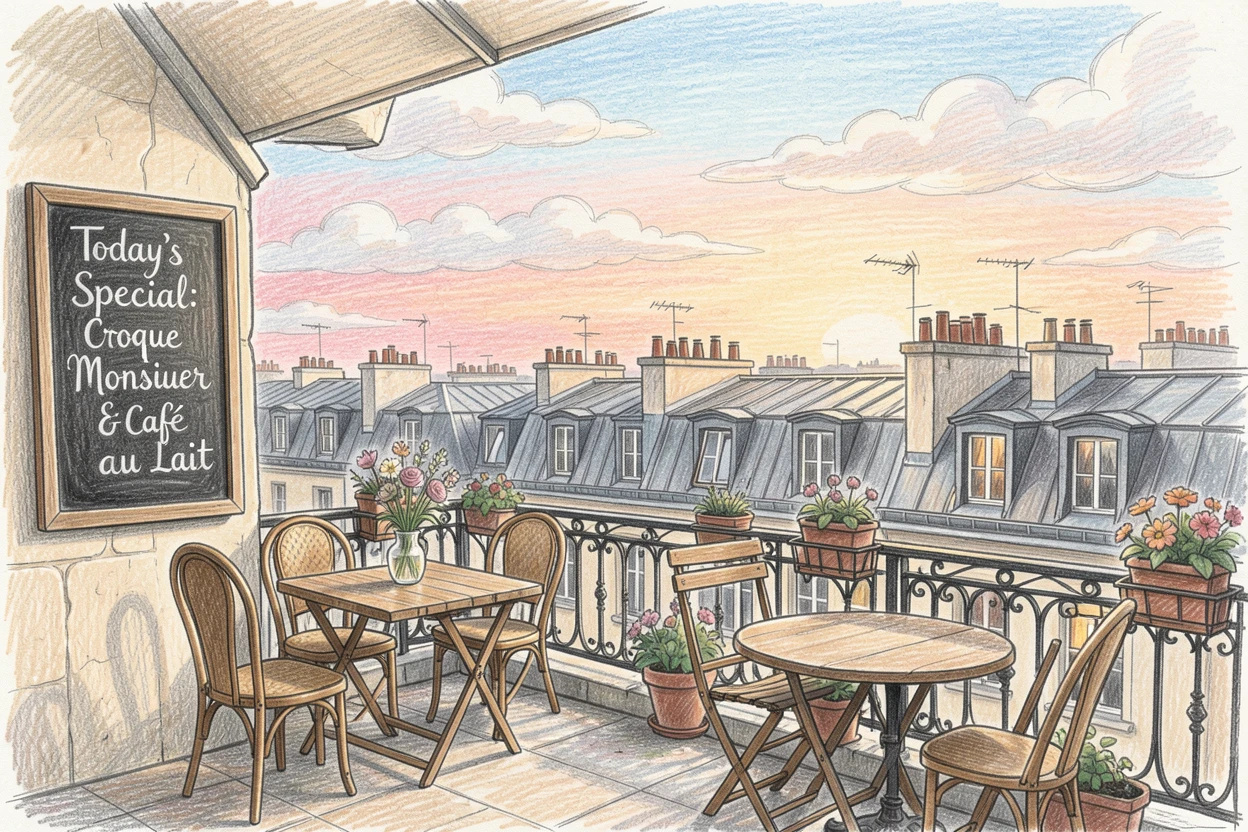 A charming cafe terrace overlooking the rooftops of Paris, with soft clouds drifting across a colorful sky, designed to inspire dreams of travel and adventure.