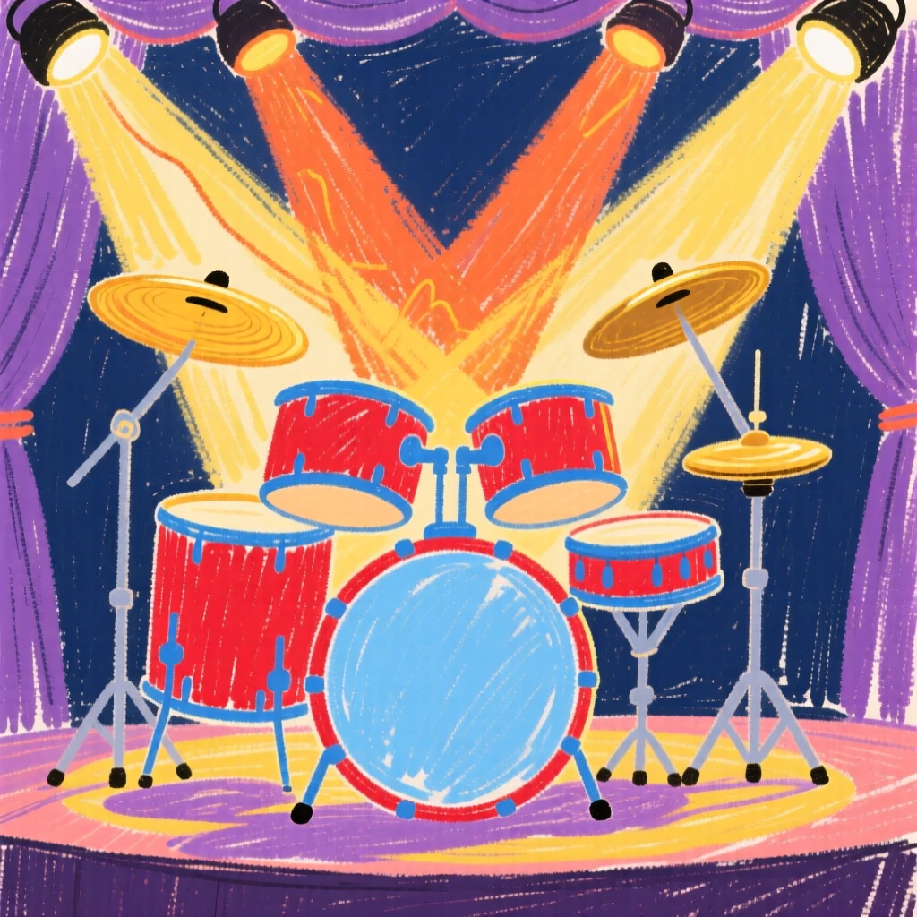 A drum set glowing under stage lights before a performance.