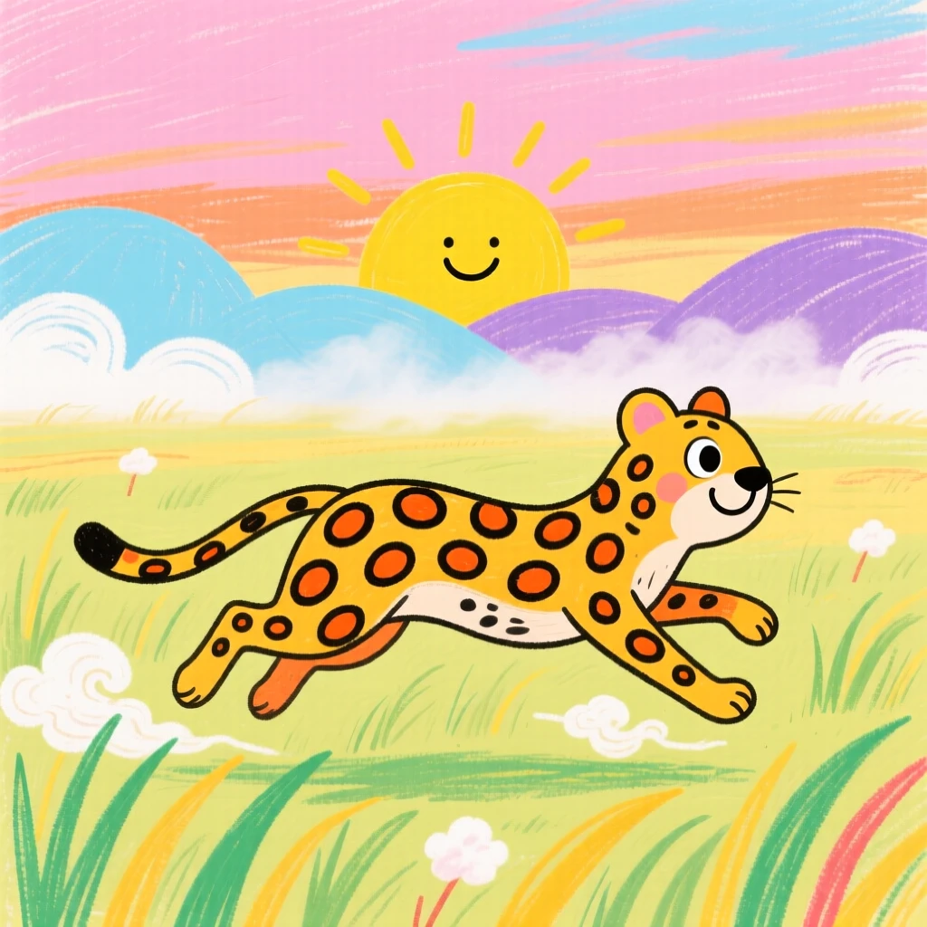 A cheetah sprinting across the savanna as the morning mist rises over the savanna.