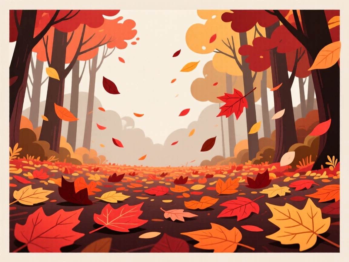 A quiet autumn forest carpeted in fallen red and orange leaves, surrounded by drifting petals in the breeze, framed symmetrically to create a calm, balanced feel, with delicate textures visible in every leaf and petal.