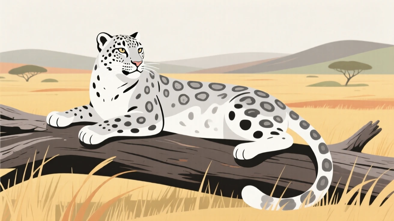 A majestic snow leopard resting on a fallen log overlooking the savanna.