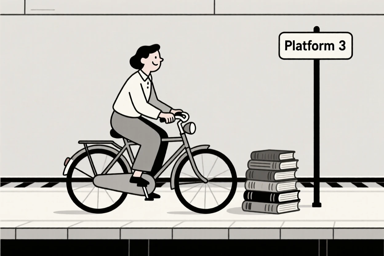 A teacher riding bicycles in a train platform, surrounded by a stack of old books, conveying gentle happiness.