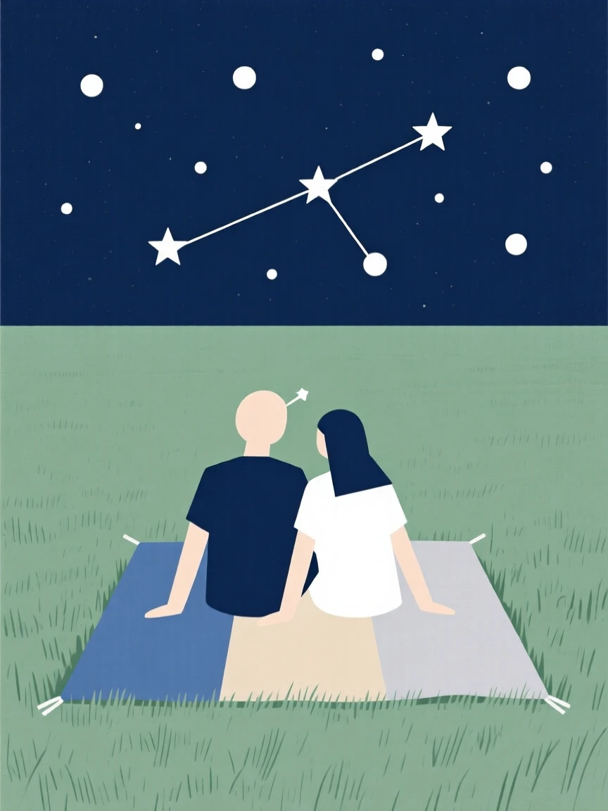 A couple stargazing on a blanket in a field