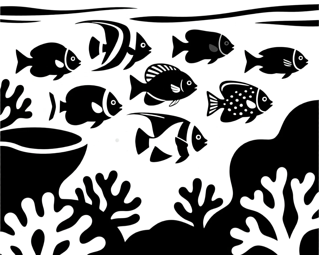 A school of tropical fish near a coral reef.
