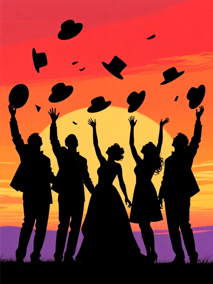 A wedding party throwing their hats into the air in celebration.