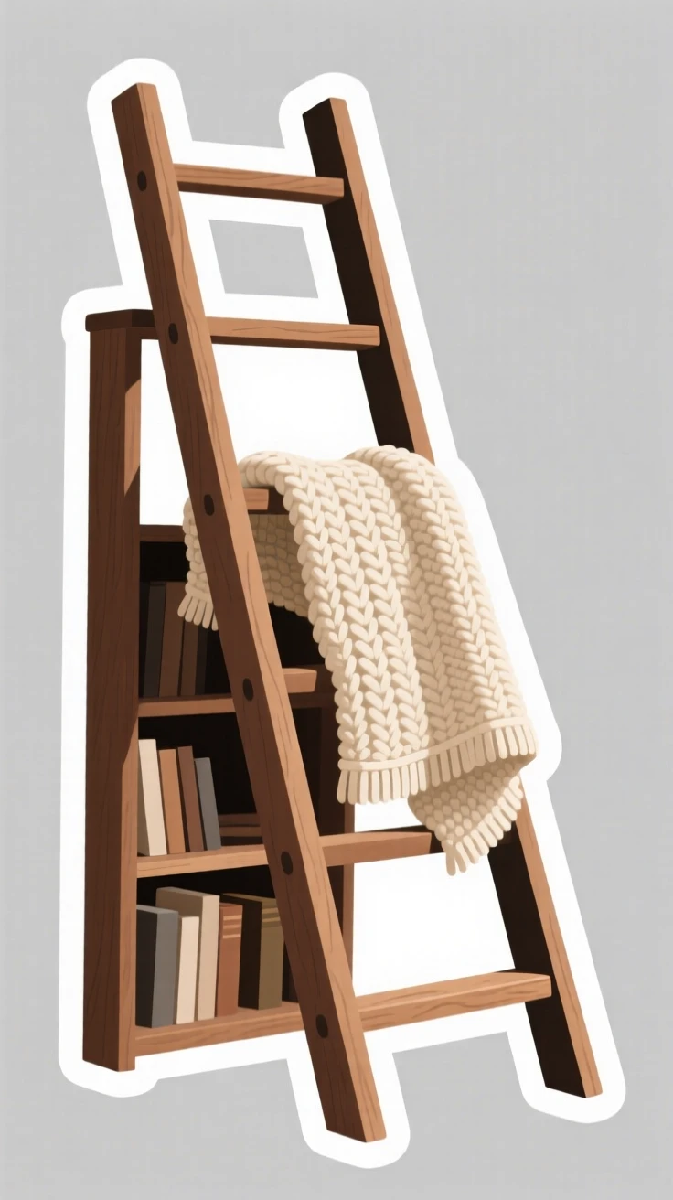 A homely bookshelf ladder, wrapped in a soft knitted throw, during a peaceful weekend morning.
