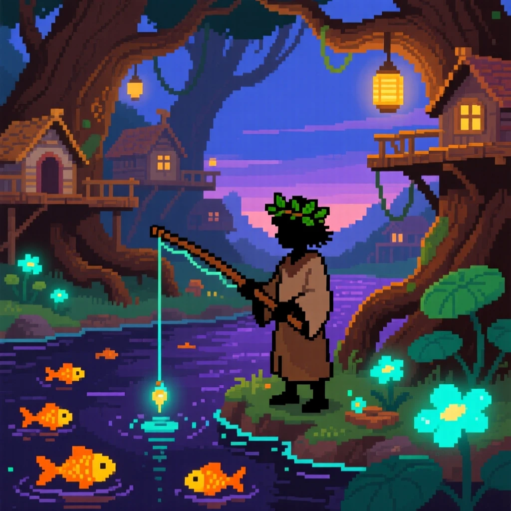 A young druid tending glowing plants fishing for glowing river fish at twilight, in a village built into giant tree roots.