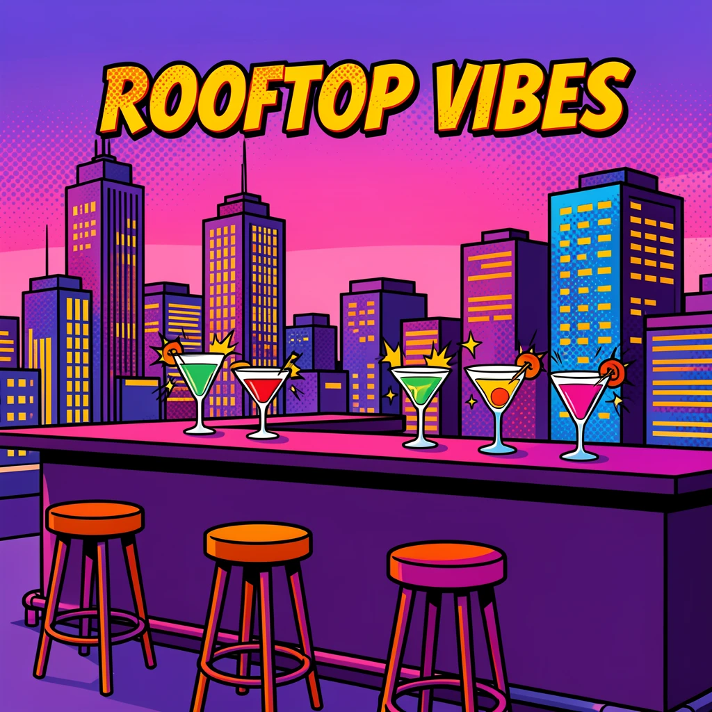 A rooftop bar lit at dusk with a sweeping city view