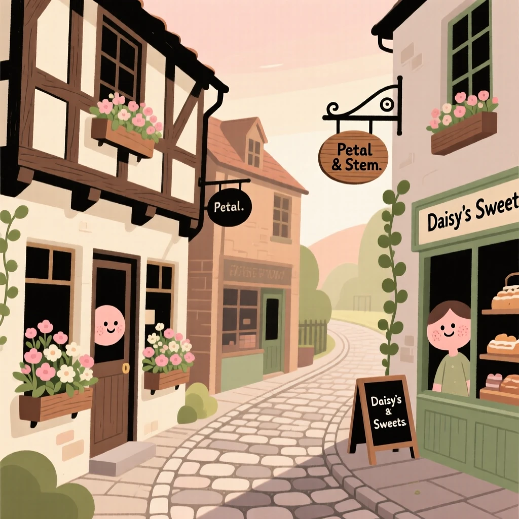 A cobblestone lane winds through a small countryside town lined with timber-framed shops and window boxes full of flowers, quiet in the early morning light.
