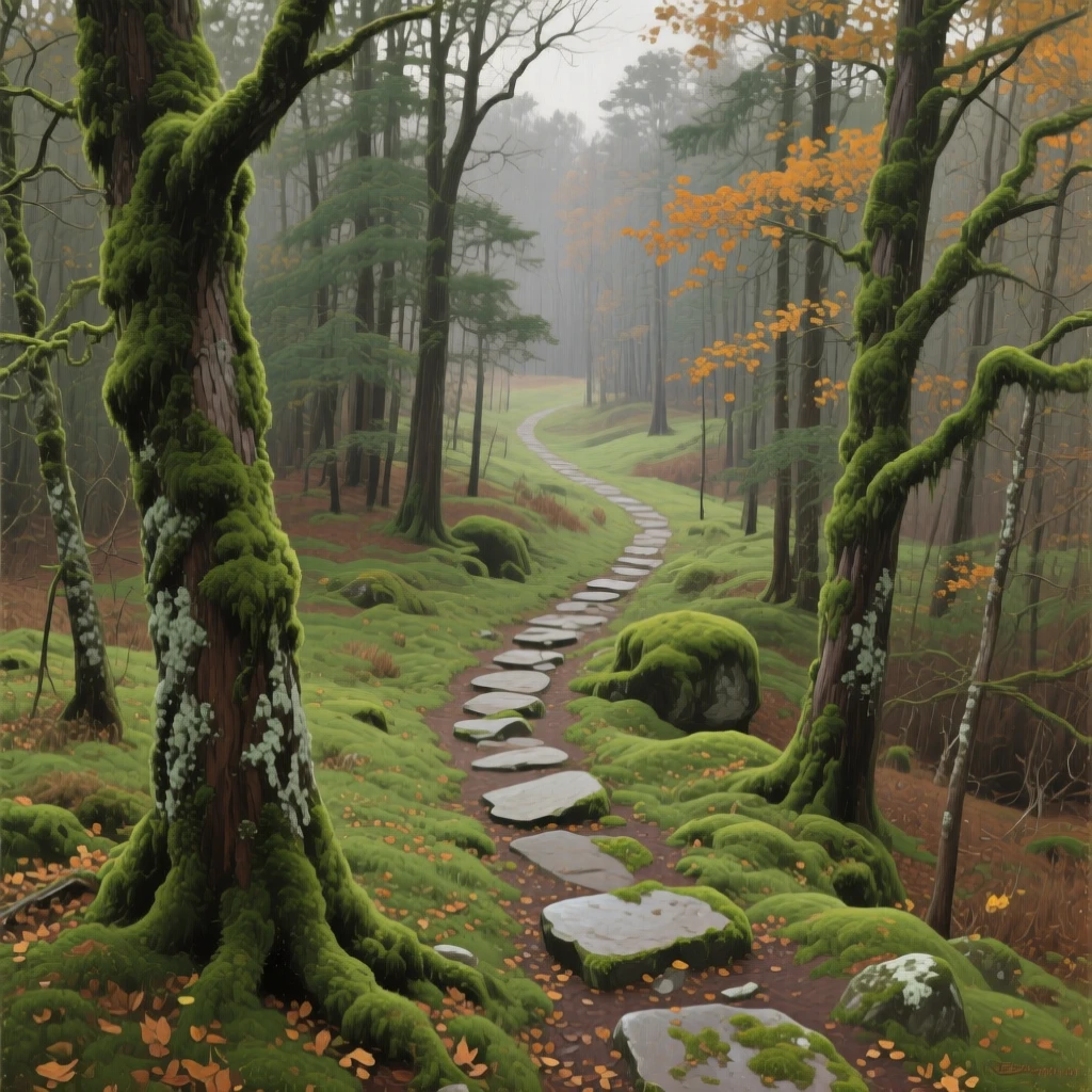 A high overhead view of a moss-covered forest with a winding stone path, in the American Midwest, in the early 1900s.