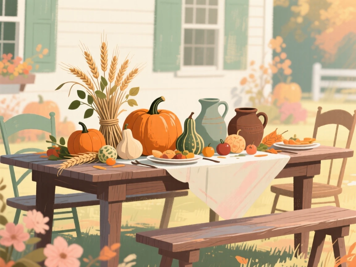 A farmhouse table set outdoors for a harvest celebration