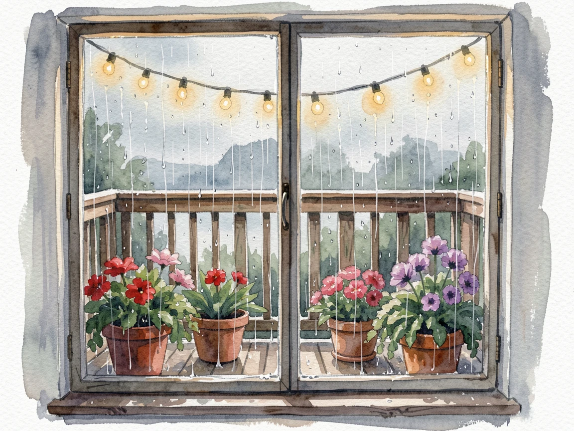 A balcony with string lights and potted flowers with rain visible through the window.