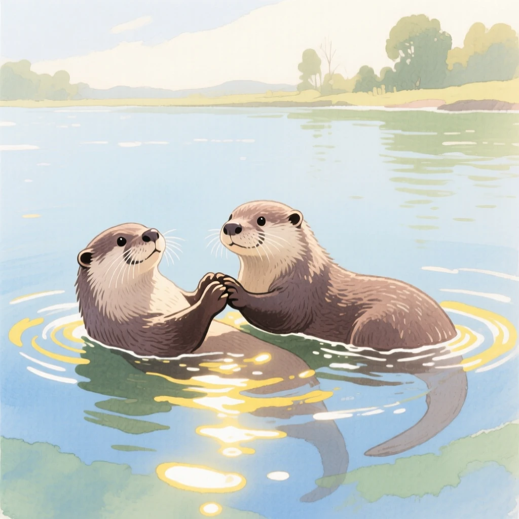 A pair of otters float on their backs holding paws across a calm river, sunlight glinting off ripples around them