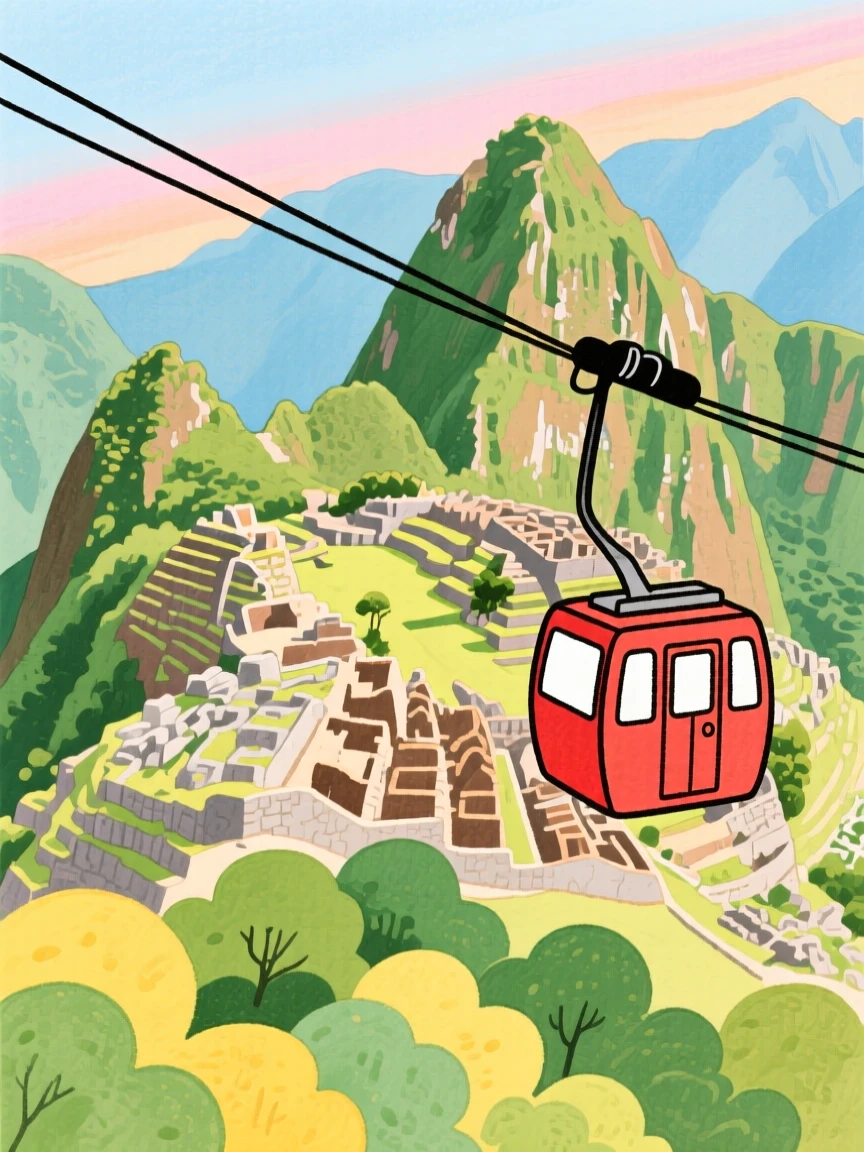 A stunning view of a cable car ascending toward Machu Picchu's ancient ruins.