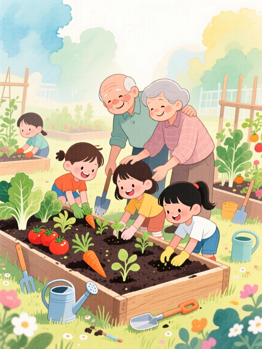 A community garden where children and elders plant vegetables side by side, set against a softly blurred, dreamy background, radiating kindness, hope, and heartfelt emotion.